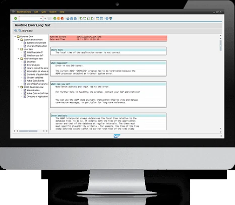 SAP ABAP runtime error long text, the short dump a technical user sends through the support portal
